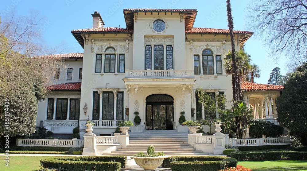 Fototapeta premium A grand, white mansion with red tile roof, symmetrical facade, multiple windows, a central entrance, and a wide staircase leading to the front door, surrounded by lush landscaping