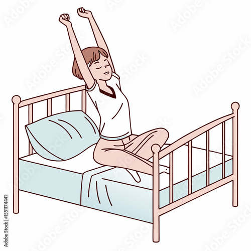 Woman waking up and stretching in bed, embracing the freshness of a new day