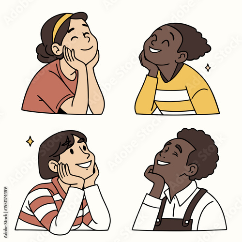 Diverse group lost in daydreams, contemplating future, imagining possibilities