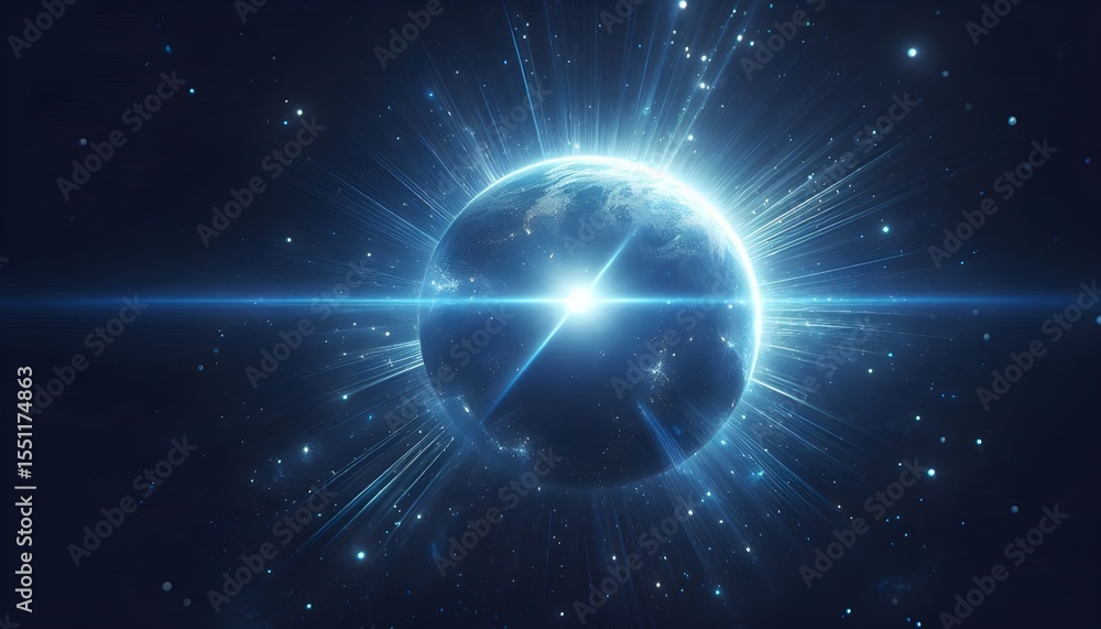 Obraz premium Blue light flare - flash light streak ray - large light flare behind the planet