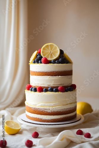 Vanilla lemon sponge layered cake with fruit on top	