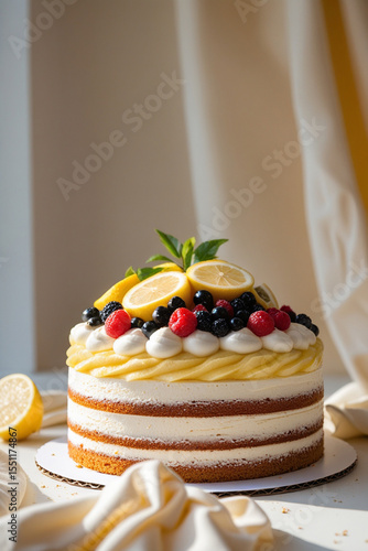 Vanilla lemon sponge layered cake with fruit on top	