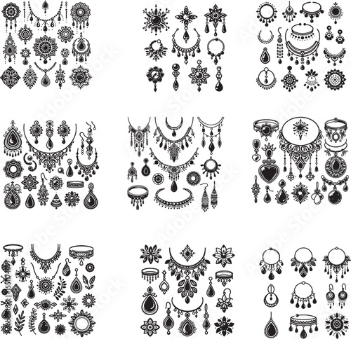 A detailed vector collection of traditional ethnic jewelry silhouettes. Includes earrings, necklaces, pendants, floral ornaments, and bangles in black solid style. 