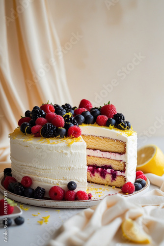 Vanilla sponge layered cake with fruit on top	