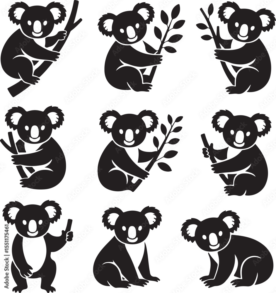 Obraz premium Cute black koala silhouette collection on trees, great for Australian art, wildlife decor, and vector design sets
