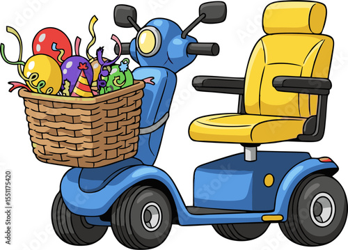 Cartoon mobility scooter with basket of party balloons and streamers, ready to celebrate.