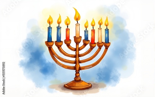 Hanukkah menorah wiht candles. Watercolor Hanukkah. Happy Hanukkah. Hanukkah composition. High quality