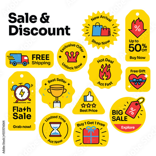 Sale and discount label set, featuring bold and colorful promotional labels such as free gift, exclusive offer, limited time, shop now, best deal, special discount and more
