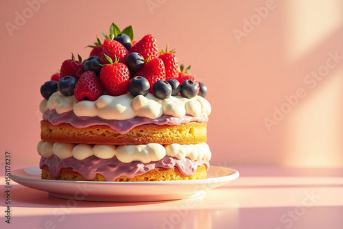 Vanilla sponge layered cake with fruit on top	