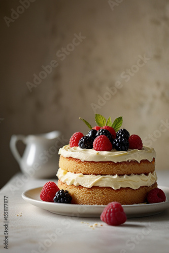 Vanilla sponge layered cake with fruit on top	