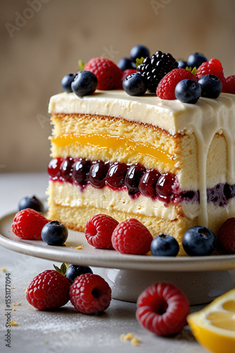 Vanilla sponge layered cake with fruit on top	
