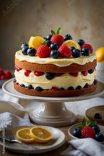 Vanilla sponge layered cake with fruit on top	