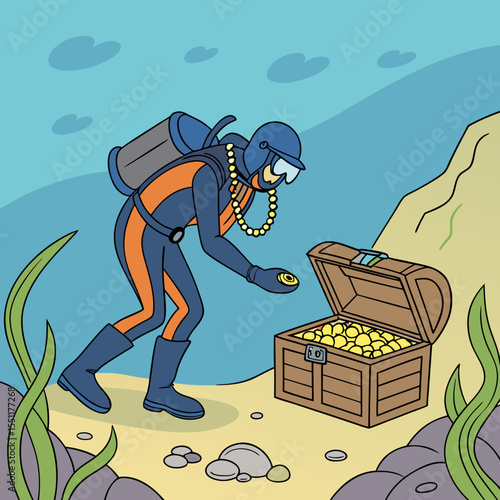 Underwater discovery of sunken treasure chest in cartoon style illustration