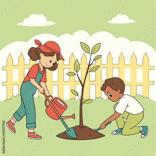 Children nurturing nature planting a tree in a garden environmental stewardship