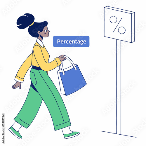 Woman strides by a percentage sign, hinting at deals and opportunities around