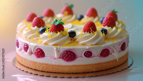 Vanilla sponge layered cake with fruit on top	