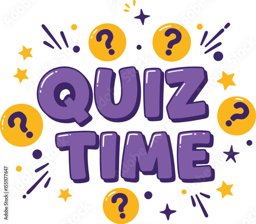 quiz time fun hand-drawn bold text with question mark icons and colorful spark doodles