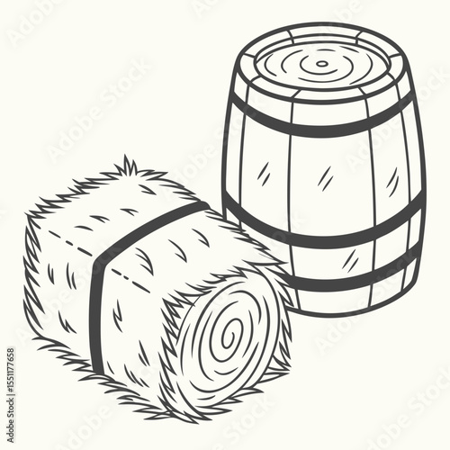Rustic charm illustration: Hand-drawn hay bale and wooden barrel composition