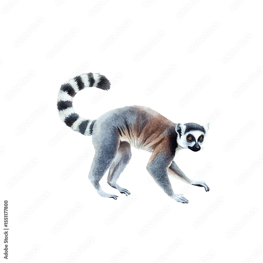 Fototapeta premium A cute ring-tailed lemur (Lemur catta) with black and white fur and tail is sitting in its wild Madagascar nature habitat