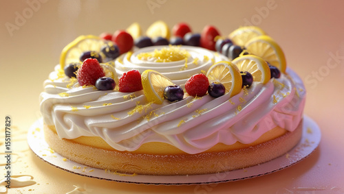 Vanilla sponge layered cake with fruit on top	