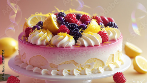 Vanilla sponge layered cake with fruit on top	