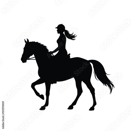 Silhouette of a female equestrian rider on a horse, black and white