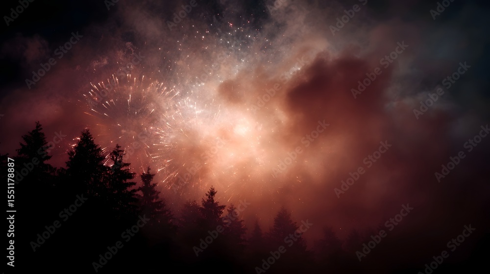 Naklejka premium Dramatic fireworks display amid misty forest scenery
