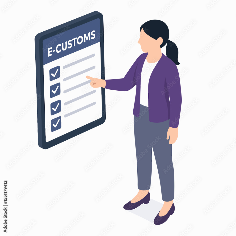 Isometric Woman Interacting E Customs Digital Checklist Form on Tablet Illustration Isometric Woman Interacting E Customs Digital Checklist Form on Tablet Illustration