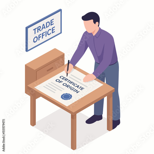 Isometric Man Signing Certificate of Origin Document at Trade Office Desk