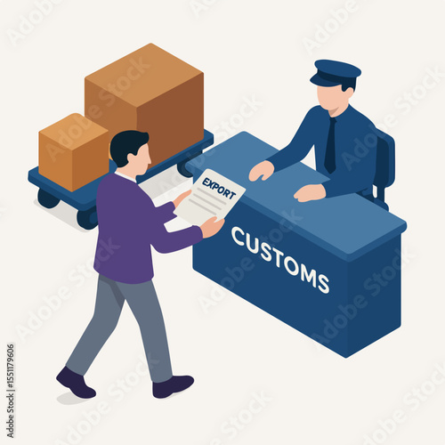Isometric Illustration of Man Showing Documents at Customs Desk with Packages