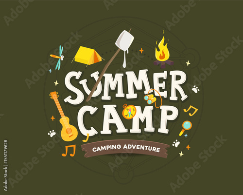 Fun summer camp poster with tent fire guitar compass marshmallow and other camping icons on dark green background
