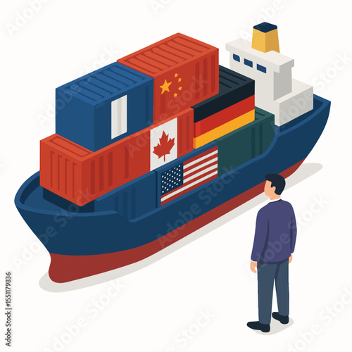 Isometric Cargo Ship with World Flags and Businessman Illustration