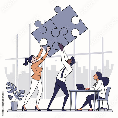 Teamwork uniting puzzle pieces to achieve collective success in a modern office