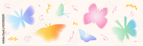 Grain colorful noise gradient butterflies shapes set. Y2k iridescent forms. Gritty grunge butterfly icons on beige background. Vector stippling illustration.