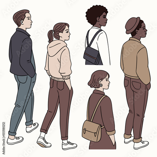 Diverse individuals walking, vector illustration with a modern, trendy style