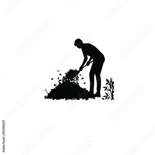 Silhouette of a person preparing a compost pile in their backyard on white background