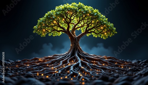 stock photo, 3d render of a complex root system of a tree, glowing and intricate, representing a strong foundation and connection to the earth, sharp focus, with absolutely no text, no logos