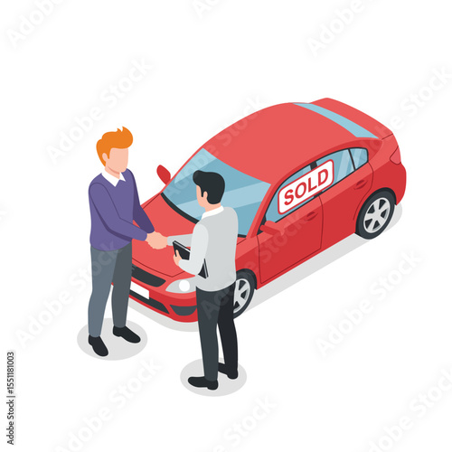 Isometric Flat Two Men Shaking Hands After Selling Car Illustration