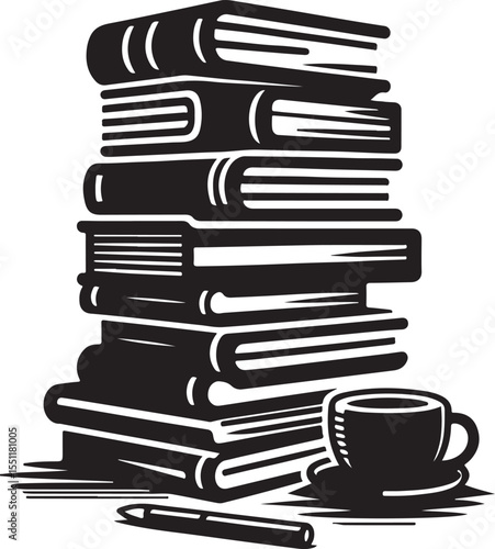 Stack of Books and Coffee Cup Silhouette.
Stack of Books Silhouette Vector Illustration,  Library and Education Icon.new 2025 trendy