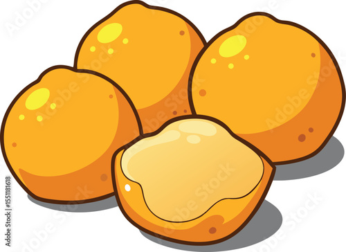 Cartoon Illustration of Four Round Golden Brown Fried Snacks. new 2025 trendy