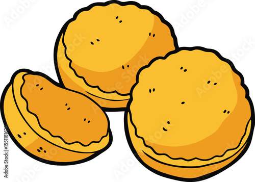Cartoon Illustration of Four Round Golden-Brown Fried Snacks,  Crispy Appetizer Vector Art.
Delicious Cartoon Cookies & Biscuits - Sweet Snack Vector. new 2025 trendy
