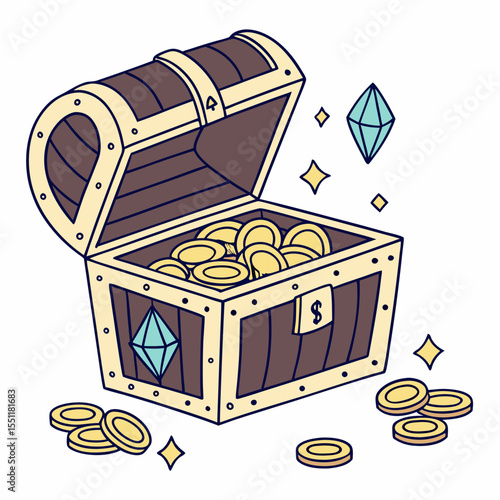 Illustrated treasure chest overflowing with gold coins and shimmering gems illustration