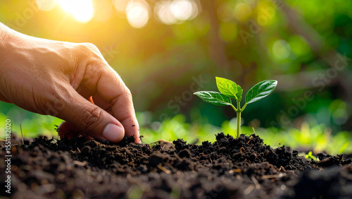 Wallpaper Mural Macro Photo of Human Hand Planting Tiny Seedling in Fertile Soil – Symbol of Growth and Sustainability Torontodigital.ca