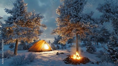 Winter camping with tent and campfire in the woods