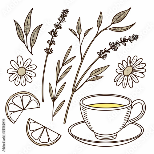 Elegant herbal tea arrangement with lemon and florals in a simple line art
