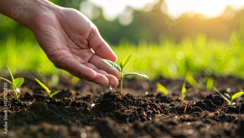 Wallpaper Mural Macro Photo of Human Hand Planting Tiny Seedling in Fertile Soil – Symbol of Growth and Sustainability Torontodigital.ca