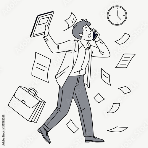 Cartoon illustration of a businessman in a rush with flying papers and phone call