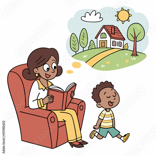 Illustration of an african american woman reading with a child dream of home