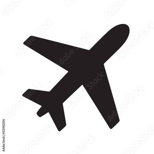 Airplane Icon: Simple black silhouette of an airplane, perfect for travel, transportation, and aviation related projects.