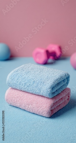 A light blue and pink towel stack rests on a blue surface, with pink dumbbells and pastel balls softly blurred in the background